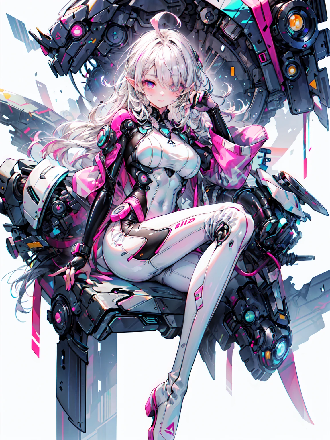 masterpiece、Highest quality、Highest quality、High resolution、(Pink and white catsuit:1.4), (Perfect round breasts: 1.4), (Transparent and shiny catsuit:1.4), (Futuristic Catsuit:1.6), (Chevron Catsuit:1.4), (Latex knee high boots: 1.4), (Perfect fit for your skin:1.4), Bright colors、Blake、Organic Armor Cyborg、
Blake、Big Breasts、非常にdetailed (Dark Elf), (1 Girl), alone, Perfect Face, detailed, Ahoge, ((Long Hair:1.2)), (Hair above one eye:1.3), [[Messy Hair]], Shiny blonde white hair, Purple eyes, Variegated eyes, Colorful Hair, Shining Eyes, Bright Eyes, Face imprint, (eyelash, eye shadow, pink eye shadow), smile, Design Art：Haruhiko Mikimoto, by Kawashi, By Yoshitaka Amano,break、 ((Perfect Anatomy)), Nice body, Big Breasts、(非常にdetailed指), Best Hand, Perfect Face,(Perfect Fingers), Correct Anatomy,