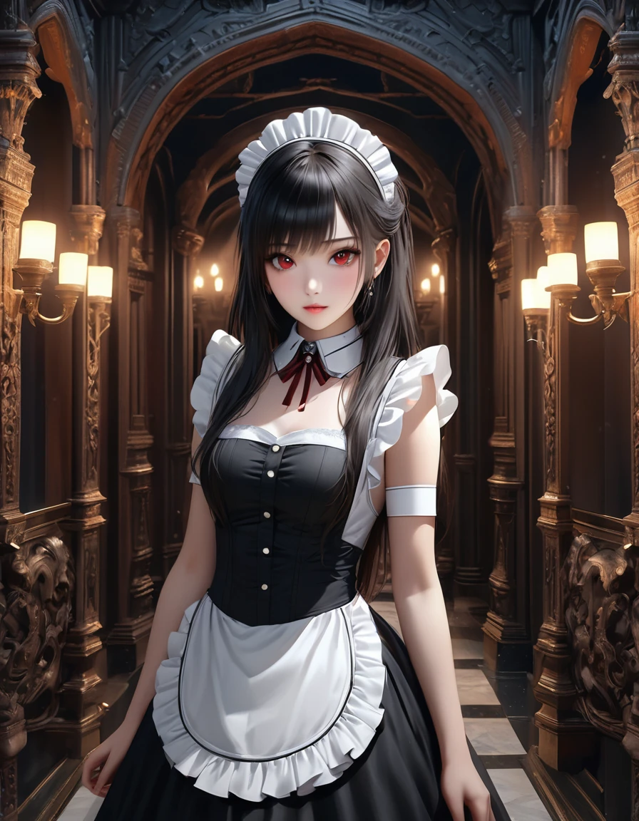 high quality, detailed, Realistic,(25 years old beautiful maid), (detailed dark red eyes), (black long hair),large beasts,(shiny skin),dark night palace corridor, candle,best quality,4k,8k,highres,masterpiece:1.2),ultra-detailed,(realistic,photorealistic,photo-realistic:1.37), looking at viewer,