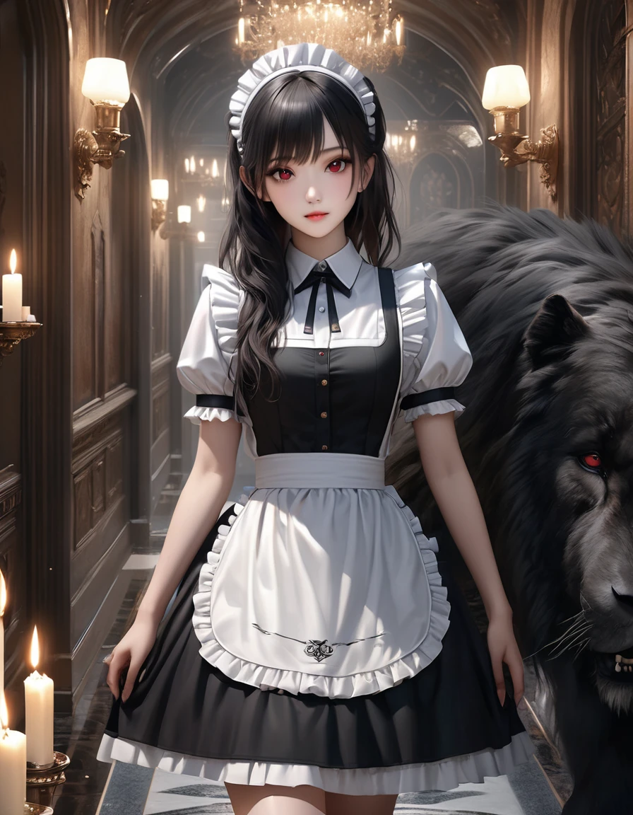 high quality, detailed, Realistic,(25 years old beautiful maid), (detailed dark red eyes), (black long hair),large beasts,(shiny skin),dark night palace corridor, candle,best quality,4k,8k,highres,masterpiece:1.2),ultra-detailed,(realistic,photorealistic,photo-realistic:1.37), looking at viewer,
