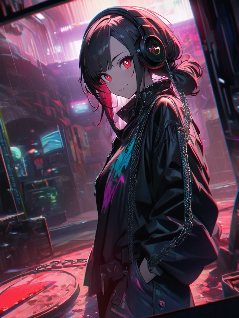 1 Girl, chromatic aberration, Written boundary depth, Soft Light, masterpiece, Highest quality, complicated, Tone Mapping, Very detailed, Art Station, Concept Art, Smooth, Clear focus, Dramatic lighting, Very detailed artwork, movie, super practical painting, Art Station's trending, 8K, Incredible Shadows, practical, (Very detailed background:1.0), whole body, View, Viewers, Very detailed portrait of one girl 1, standing on street corner, Heavy rain and lightning、Dark Sky, neon and cyber punk background, she is dressed in punk clothing with silver chains and silver spikes, Her hair was dyed a bright black color.,The middle part is black, She wears headphones, Detailed red eyes with clear pupils, Ominous aura of light, smile, punk, ciber punk, Backlight.Hair tied back、No knowledge of horses'tail、