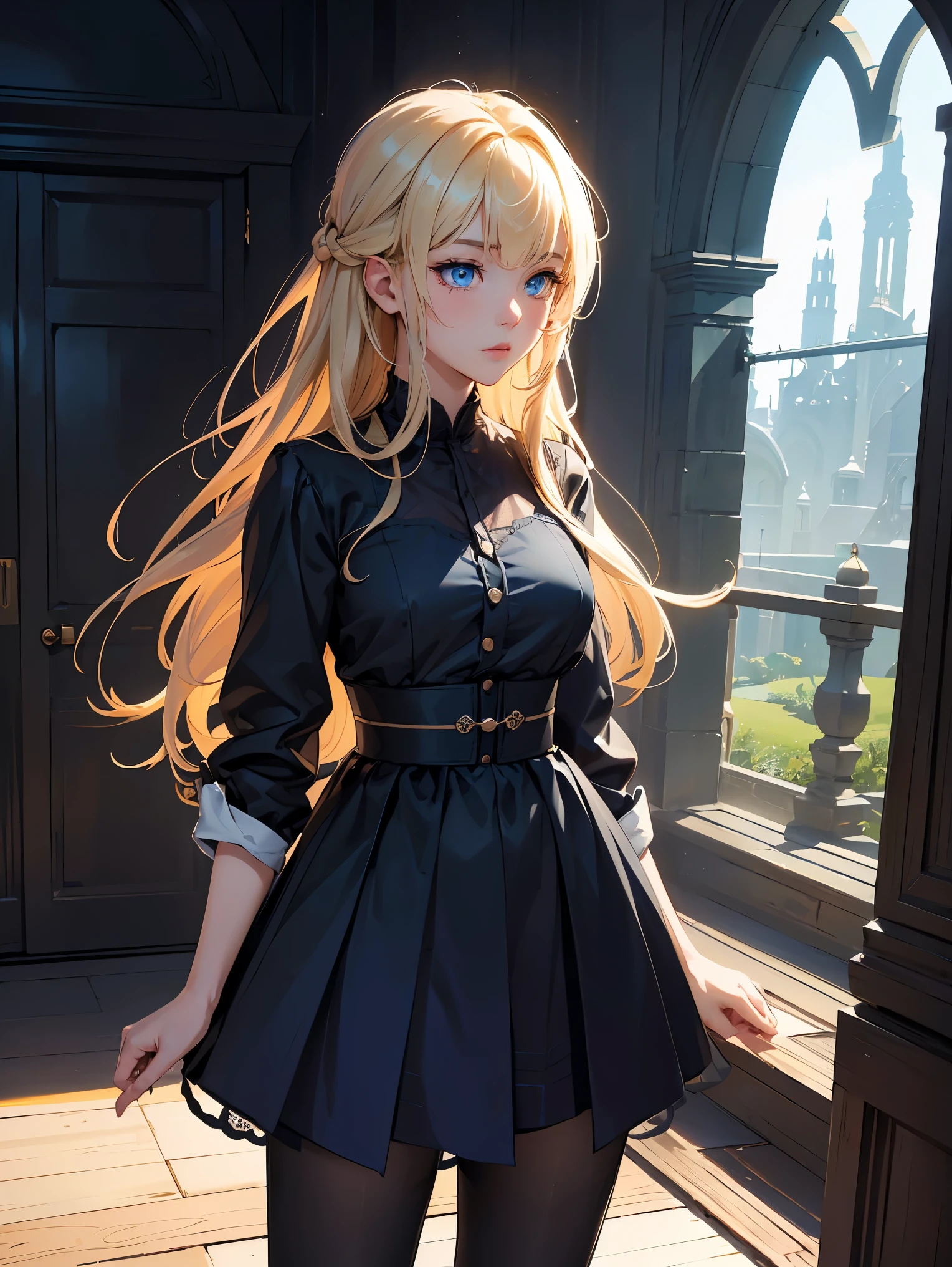 (Highly detailed CG Unity 8k wallpaper,masterpiece, Highest quality, Super detailed),(Best lighting, Best Shadow, Very delicate and beautiful),floating,High saturation,Blonde+blue eyes:1.2,Gloomy Gothic Landscape, Long Hair, Gazing into the distance. (長いブロンドの髪と輝くblue eyesのゴシック照明を持つ美しい女の子)