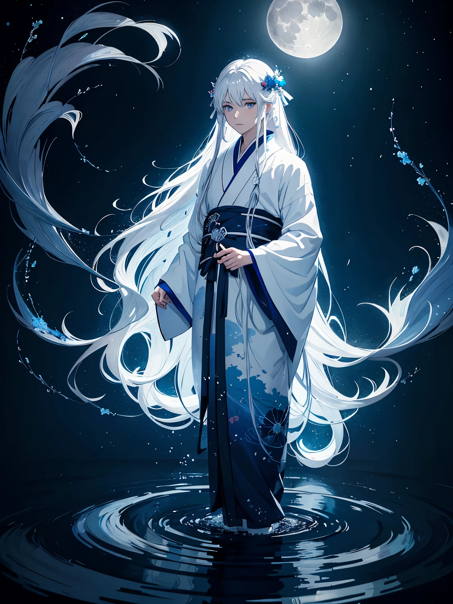 Noxh mehr anime. Mehr anime. Göttlich. Magisch. Blaues licht. Kimono. Geweih. Lichter. Magisch. King of the moon. Long hair. long white hair. aquatic, boy,  silver hair accessories, White hair, blue flowers. Blue lights. Vollmond. Geweih. Kimono 