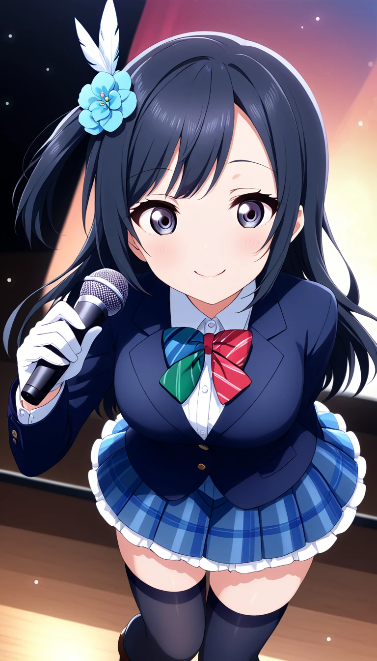 masterpiece, best quality, one side up, feather hair ornament, hair flower, white gloves, legwear, thighhighs, on stage, holding microphone, smile,singing (1girl), (solo), otonokizaka ,winter uniform, red striped bow tie, navy blue blazer, blue striped pleated skirt,from above, BREAK score_9, score_8_up, score_7_up, score_6_up, source_anime 