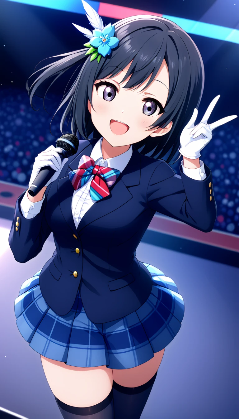 masterpiece, best quality, one side up, feather hair ornament, hair flower, white gloves, legwear, thighhighs, on stage, holding microphone, smile,singing (1girl), (solo), otonokizaka ,winter uniform, red striped bow tie, navy blue blazer, blue striped pleated skirt,from above, BREAK score_9, score_8_up, score_7_up, score_6_up, source_anime 