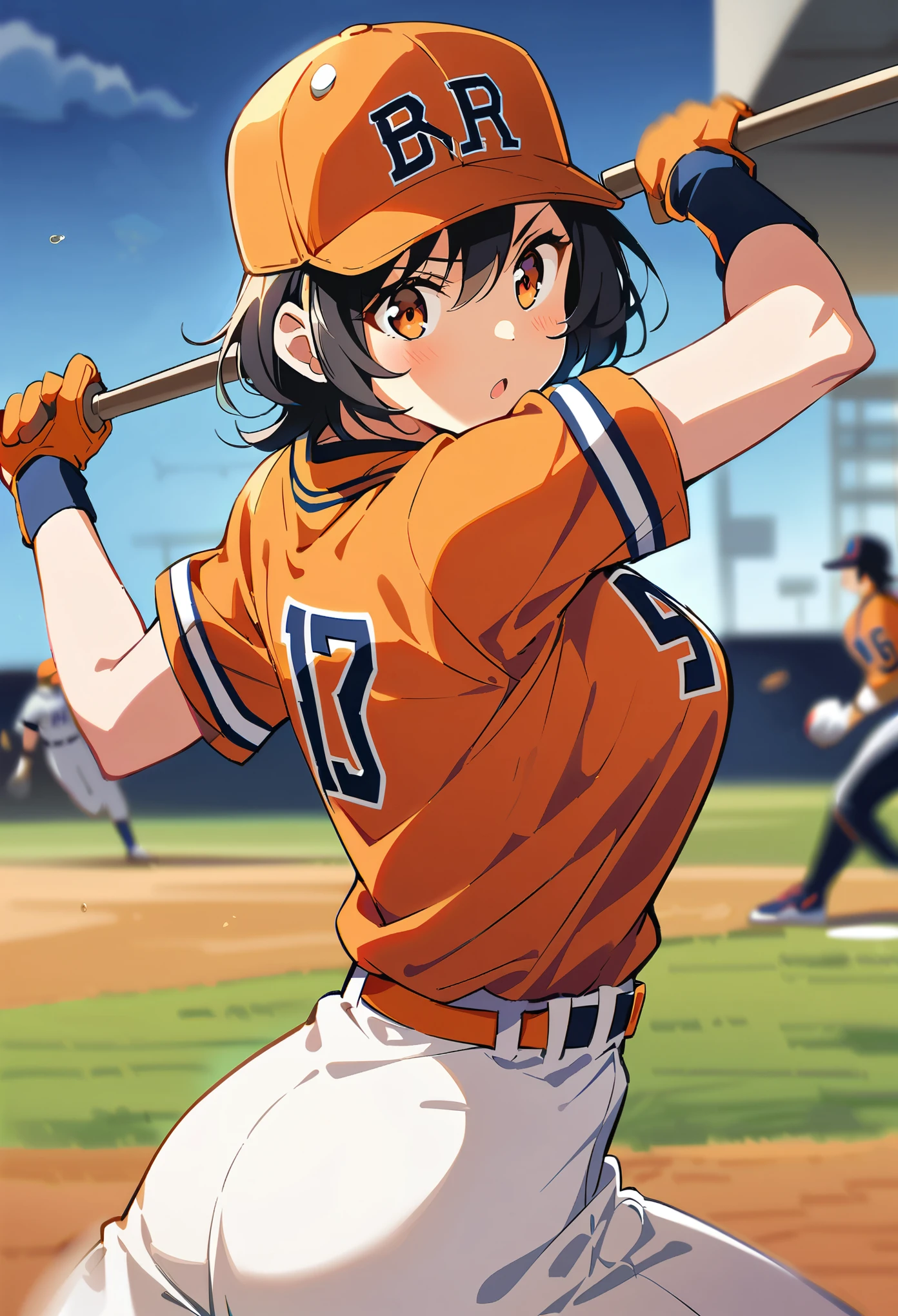 ((1 Female, Pro baseball player)), Black Hair, short hair, Brown eyes, Saitama Astraia, ((Baseball Player:1.2, Bat Swing, Motion Blur Effect)), Orange and white baseball uniform, Pants Style, Baseball Cap, Batter's swing, ((Detailed bat, Wooden bat)), Sharp Eyes, Accurate batting, The ball flies in an arc, Stadium frenzy, Back screen and scoreboard, Cheering squad in the audience, Lively atmosphere, Dynamic Angle, stadium lighting, ((Anime illustration)), (Highest quality:1.2, Very detailed, Ultra-high resolution, High Detail, masterpiece:1.2, Best aesthetics).