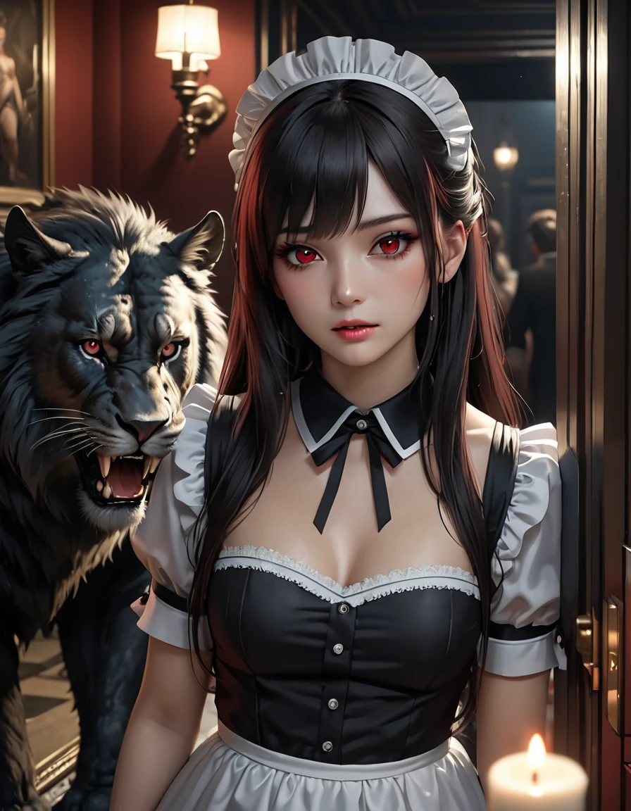 high quality, detailed, Realistic,(25 years old beautiful maid), (detailed dark red eyes), (black long hair),large beasts,(shiny skin),dark night palace corridor, candle,best quality,4k,8k,highres,masterpiece:1.2),ultra-detailed,(realistic,photorealistic,photo-realistic:1.37), looking at viewer,