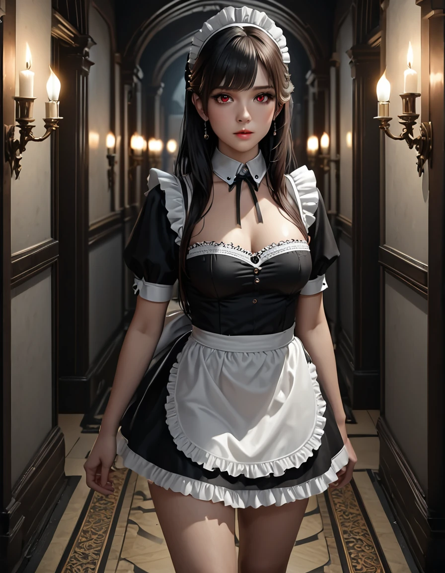 high quality, detailed, Realistic,(25 years old beautiful maid), (detailed dark red eyes), (black long hair),large beasts,(shiny skin),dark night palace corridor, candle,best quality,4k,8k,highres,masterpiece:1.2),ultra-detailed,(realistic,photorealistic,photo-realistic:1.37), looking at viewer,
