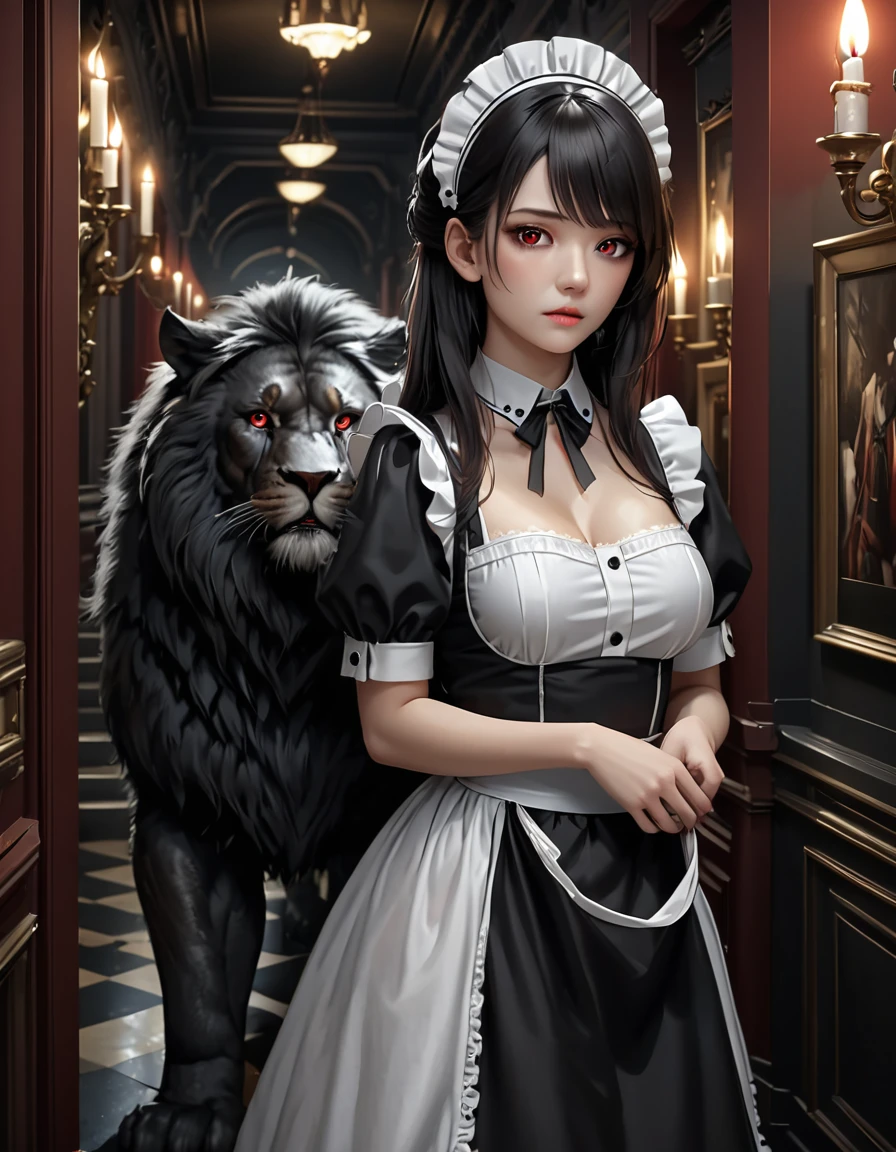 high quality, detailed, Realistic,(25 years old beautiful maid), (detailed dark red eyes), (black long hair),large beasts,(shiny skin),dark night palace corridor, candle,best quality,4k,8k,highres,masterpiece:1.2),ultra-detailed,(realistic,photorealistic,photo-realistic:1.37), looking at viewer,