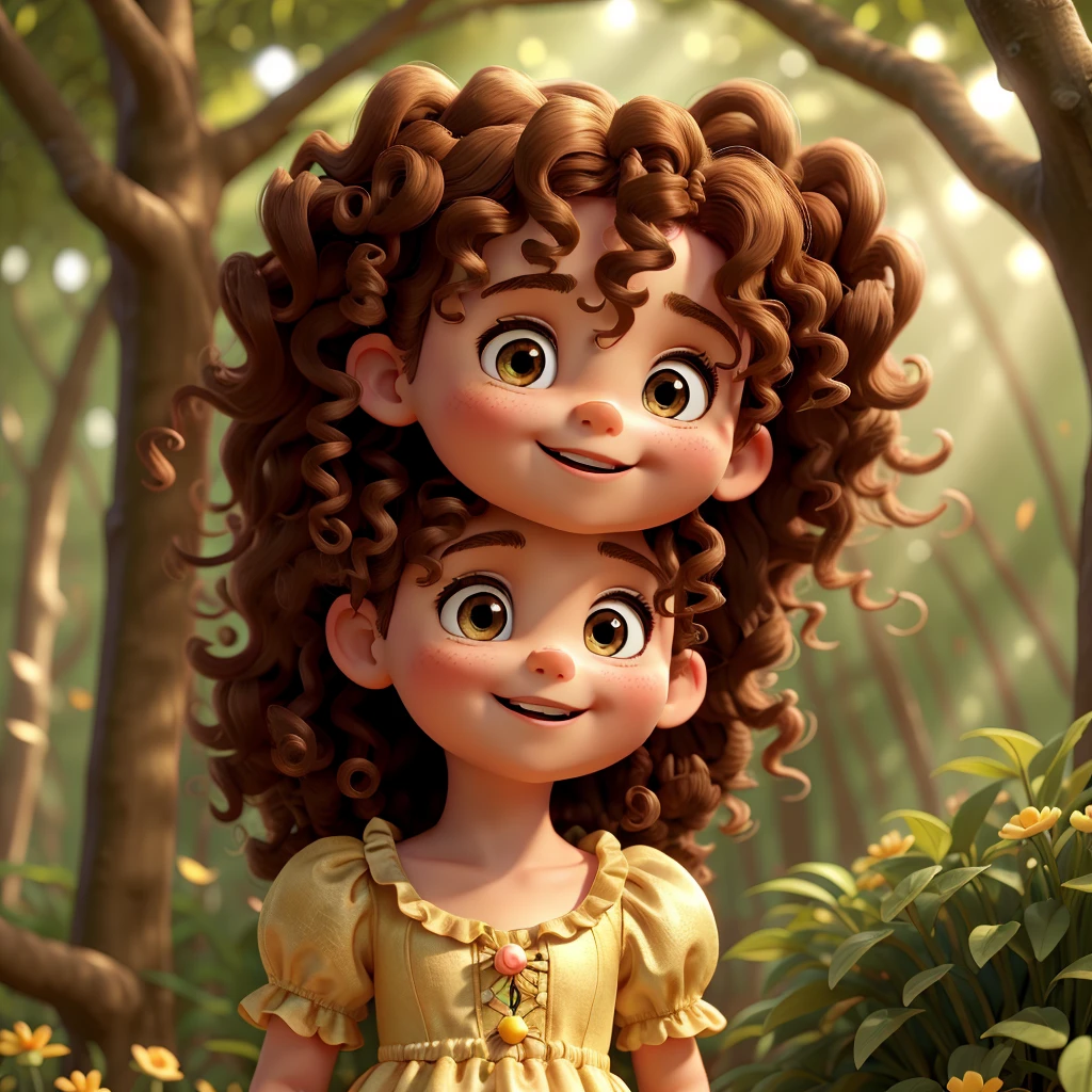 In the cozy confines of a sunlit forest, a one-year-old baby fairy lives with curly hair, rosy cheeks and bright brown eyes. Dressed in a tulle, ruffled fairy dress, her curls bounce happily as she laughs, the sunlight illuminating her skin casting a warm, golden glow over the scene. The air is filled with the sounds of childlike wonder and joy.