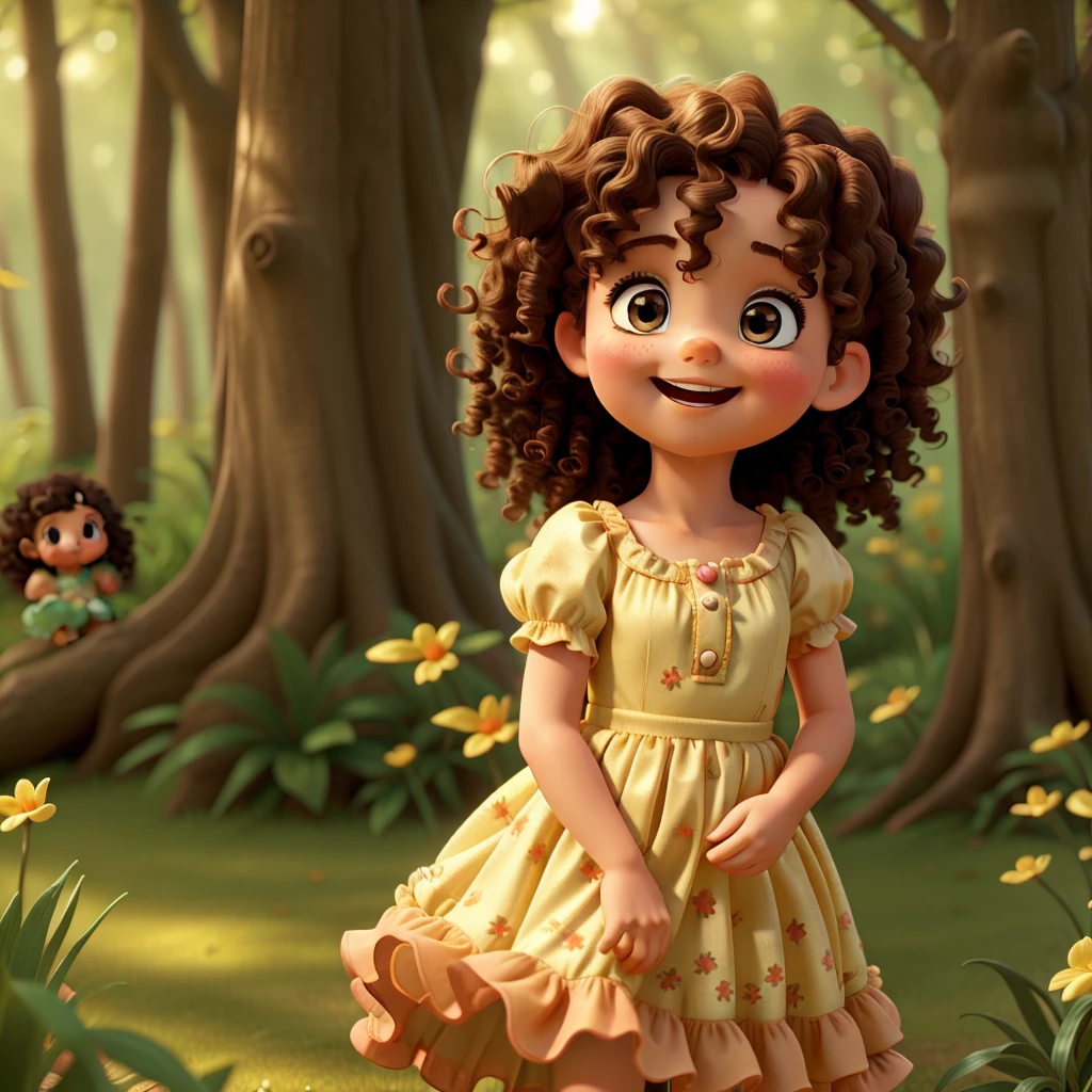 In the cozy confines of a sunlit forest, a one--old ry lives with curly hair, rosy cheeks and bright brown eyes. Dressed in a tulle, ruffled fairy dress, her curls bounce happily as she laughs, the sunlight illuminating her skin casting a warm, golden glow over the scene. The air is filled with the sounds of childlike wonder and joy.