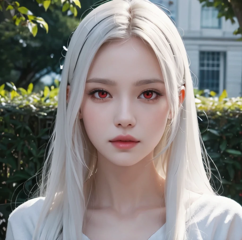 Realistic 3d. Snow white skin. Cherry red color eyes.