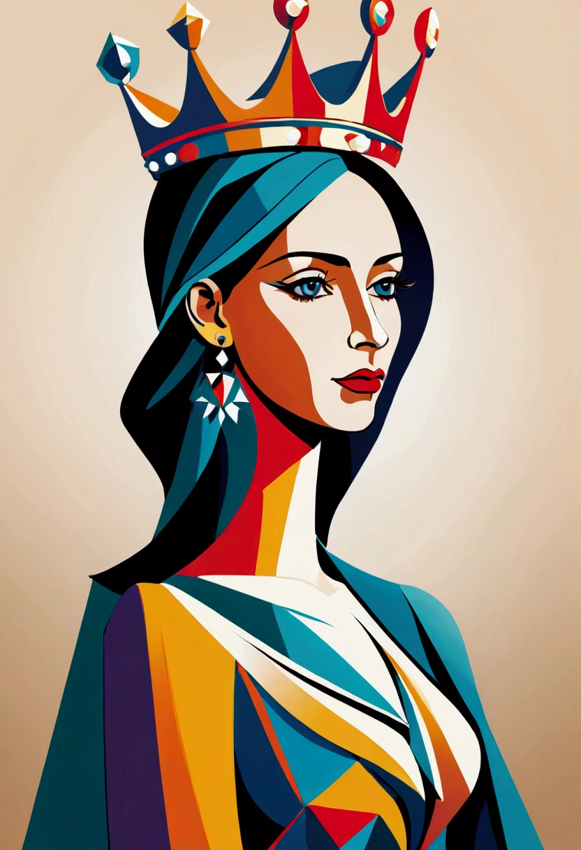 Picasso Cubism, Queen,  crown, elegant dress，simple geometric shapes and lines，By color、Gradient、Shadows and other methods to enhance the visual effects and layering of graphics。 vector art style has simplicity、clean、modern visual features，