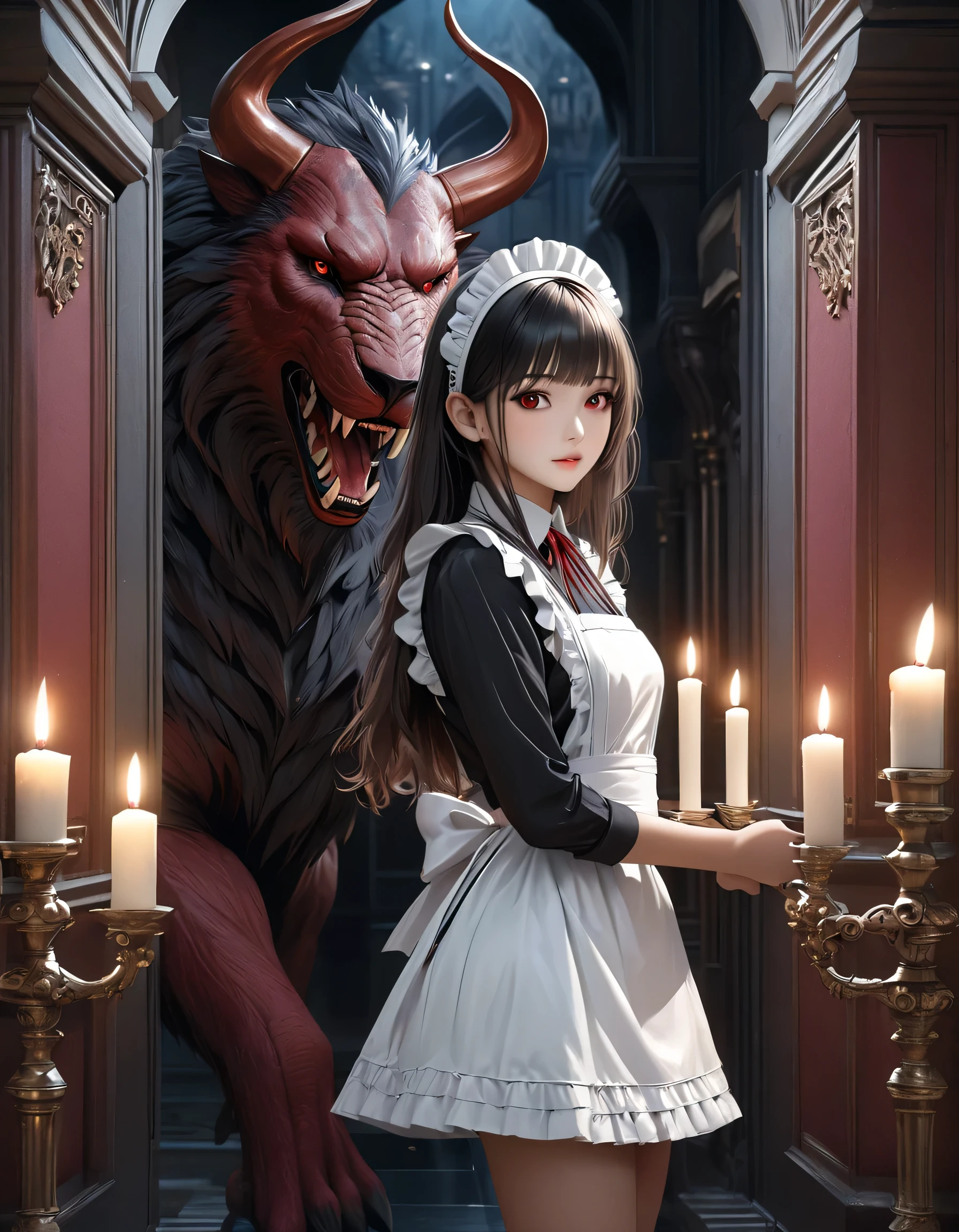 high quality, detailed, Realistic,(25 years old beautiful maid), (detailed dark red eyes), (black long hair),large beasts,(shiny skin),dark night palace corridor, candle,best quality,4k,8k,highres,masterpiece:1.2),ultra-detailed,(realistic,photorealistic,photo-realistic:1.37), looking at viewer,