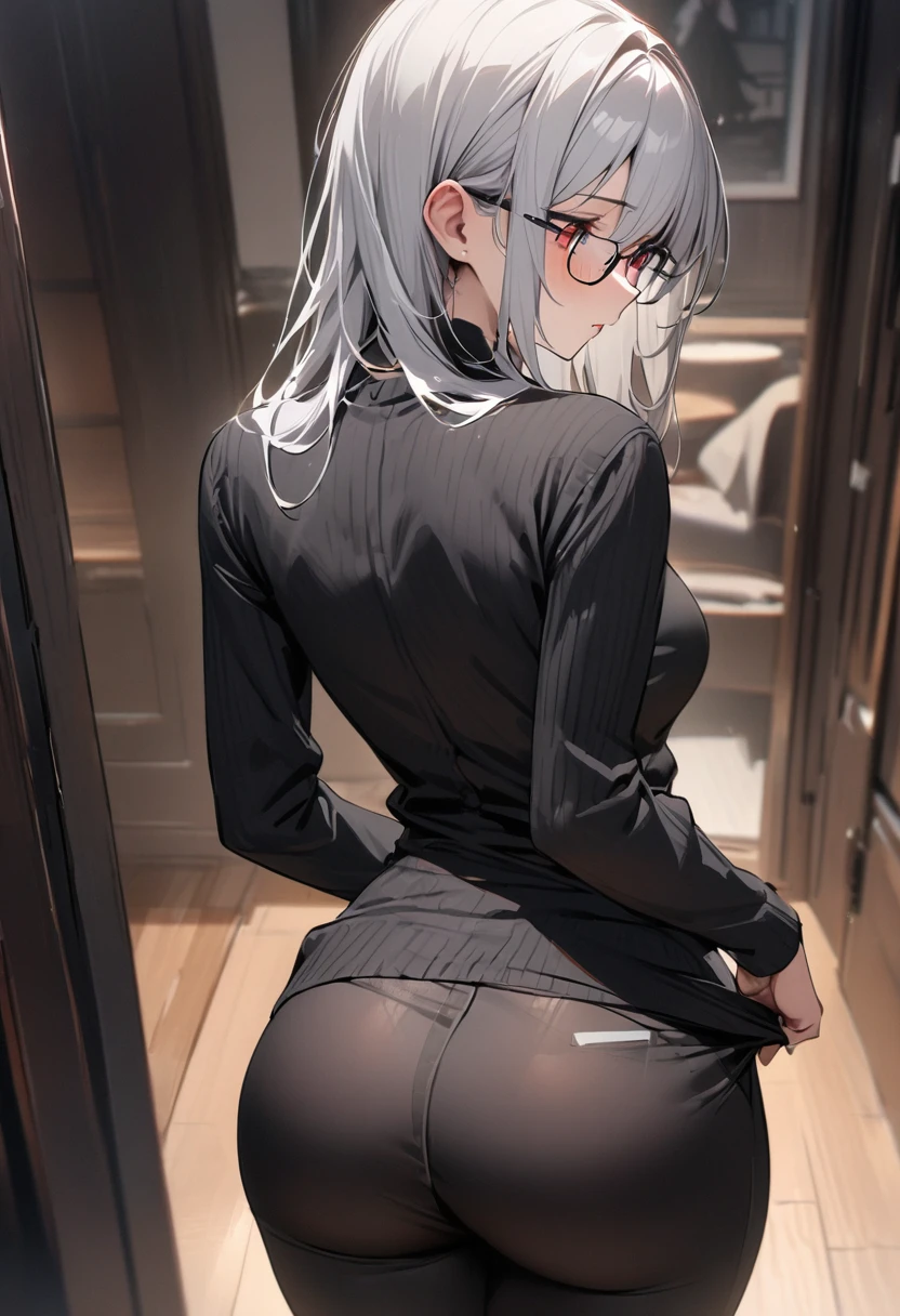 Masterpiece, best quality, aesthetic sense, high resolution, beautiful woman drawn in the best quality and detail, black tight pants, trying to put them on, back view, pants visible, long silver hair, red eyes, woman with glasses