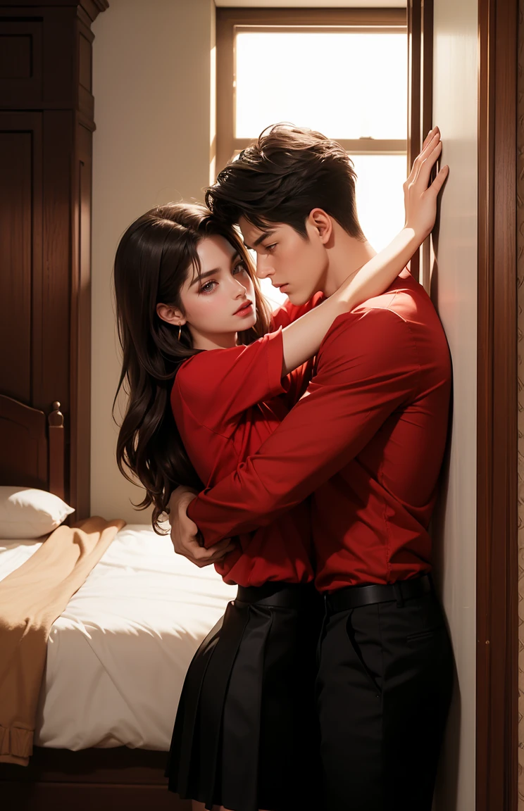 1 man,1woman, woman in long hair, woman look like Dashaa Taran, brown hair, purple eyes, red shirt, black skirt, man in musculair, man look Lee Min Ho, suit, trained, man are taller than woman, hugging romance, background gold red luxurious house room