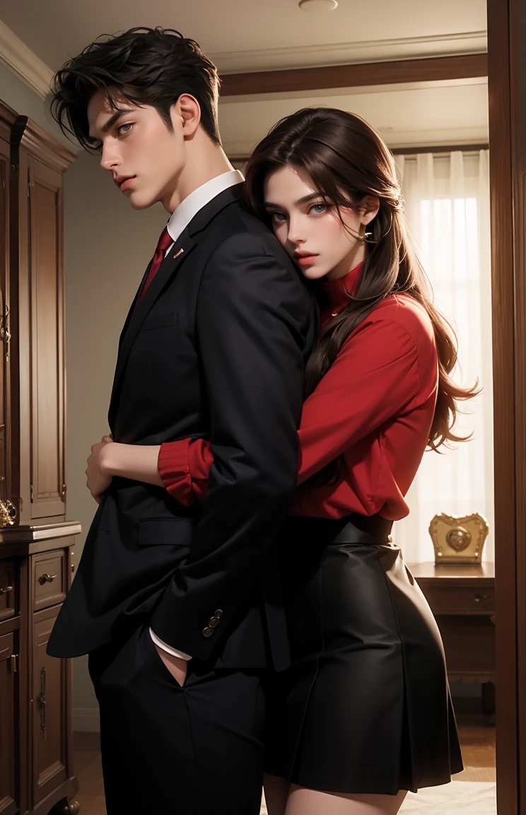 1 man,1woman, woman in long hair, woman look like Dashaa Taran, brown hair, purple eyes, red shirt, black skirt, man in musculair, man look Lee Min Ho, suit, trained, man are taller than woman, hugging romance, background gold red luxurious house room