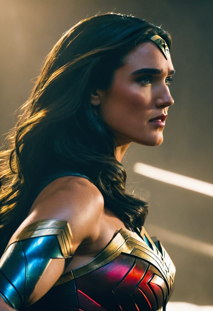 Photo of Jennifer Connelly, seductive and powerful woman, ((Detailed face:1.2)), ((big breasts)), ((Wonder Woman suit)), ((Action pose)), ((Detailed costume:1.5)), ((Realistic texture)), ((Bold colors)), ((Dynamic lighting)), ((Detailed shadows)), photographed in a Canon EOS R6, 70-200mm Lens, F/2.8, nffsw, (4K) (Comic book art style) (Masterpiece) (Perfectly proportions) (Photos realistic) (Best quality) (High contrast) (Futuristic environment) ( wallpaper ) (Cinematic compos)