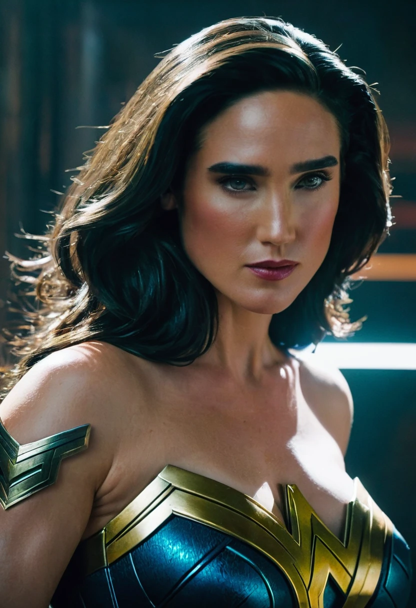 Photo of Jennifer Connelly, seductive and powerful woman, ((Detailed face:1.2)), ((big breasts)), ((Wonder Woman suit)), ((Action pose)), ((Detailed costume:1.5)), ((Realistic texture)), ((Bold colors)), ((Dynamic lighting)), ((Detailed shadows)), photographed in a Canon EOS R6, 70-200mm Lens, F/2.8, nffsw, (4K) (Comic book art style) (Masterpiece) (Perfectly proportions) (Photos realistic) (Best quality) (High contrast) (Futuristic environment) ( wallpaper ) (Cinematic compos)