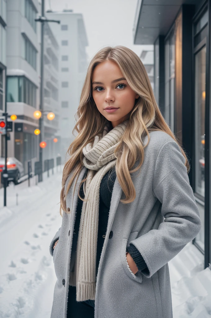 professional portrait photograph of a gorgeous Norwegian girl in winter clothing with long wavy blonde hair, sultry flirty look, gorgeous symmetrical face, cute natural makeup, wearing elegant warm winter fashion clothing, ((standing outside in snowy city street)), stunning modern urban environment, ultra realistic, concept art, elegant, highly detailed, intricate, sharp focus, depth of field, f/1. 8, 85mm, medium shot, mid shot, (((professionally color graded))), bright soft diffused light, (volumetric fog), trending on instagram, hdr 4k, 8k