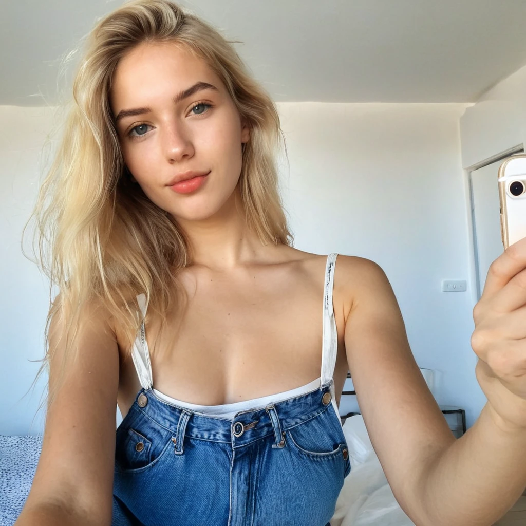 Photo of a young blonde girl taking a selfie in her bedroom, de , face striking a very sexy pose. The girl is naked.