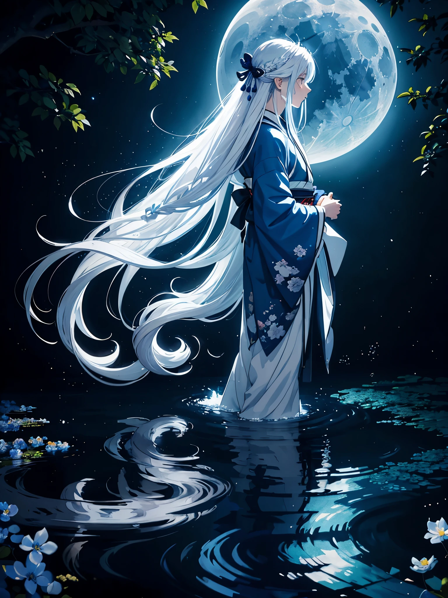 Mehr anime. Göttlich. Magisch. Blaues licht. Kimono. Geweih. Lichter. Magisch. King of the moon. Long hair. long white hair. aquatic, boy, silver hair accessories, White hair, blue flowers. Blue lights. Vollmond. Geweih. Kimono