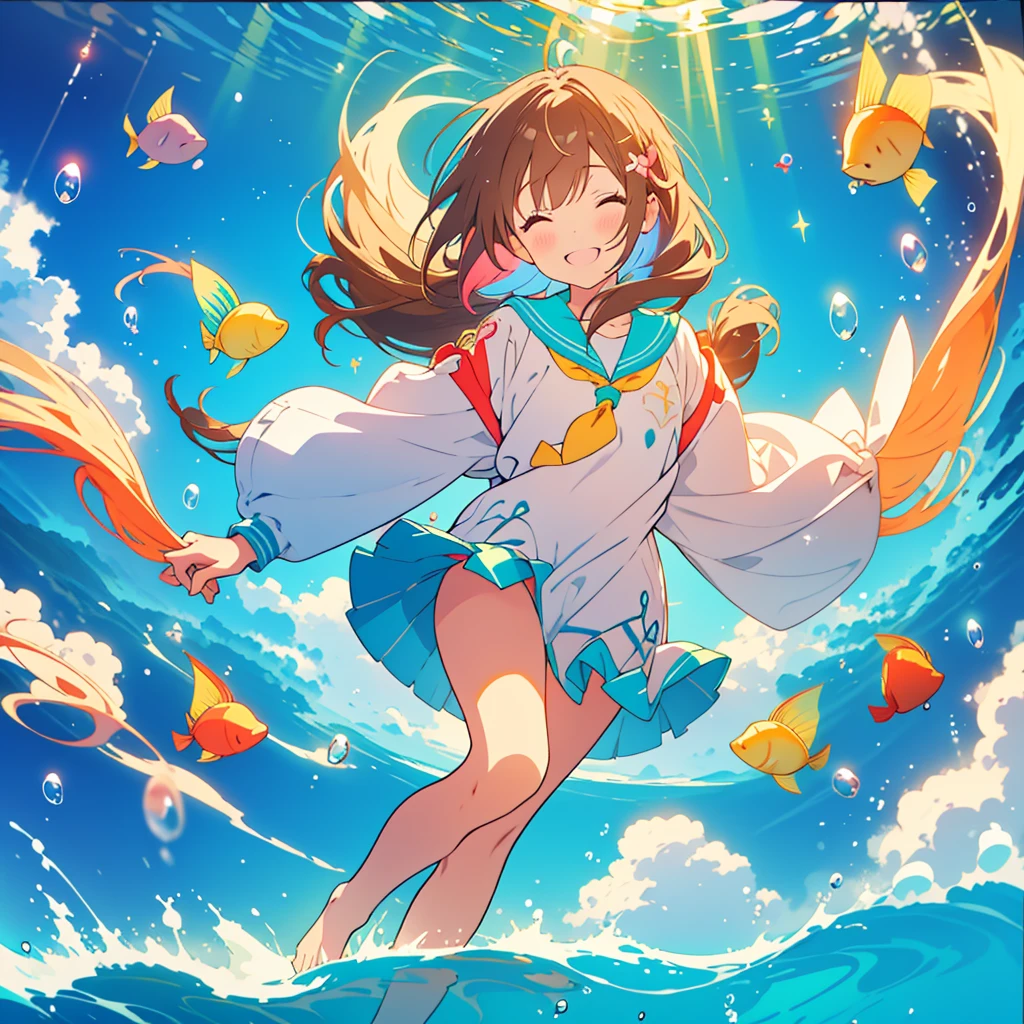 kawaii, anime, Cute, hyper quality, highly detailed, 8k, Front facing, Clarity, brown long hair, green eyes, smile, sailor suit, the skirt flaps, In the water, Pose with movement, countless bubbles, wrapped in bubbles, light shines in, underwater, rainbow light effect, Fantastic, particles of light, 10 colorful small tropical fish, twist your body, shining in rainbow colors, vivid sea, sea swell, In the bright sea, Uplifting, school of small fish, Bubbles of various sizes, Colorful light, Clearly depict facial expressions, Draw 5 fingers, sink into the sea, The background is a view of the deep sea, no background, rainbow colored coral reef, richly colored light, barefoot, The bottom of the sea,