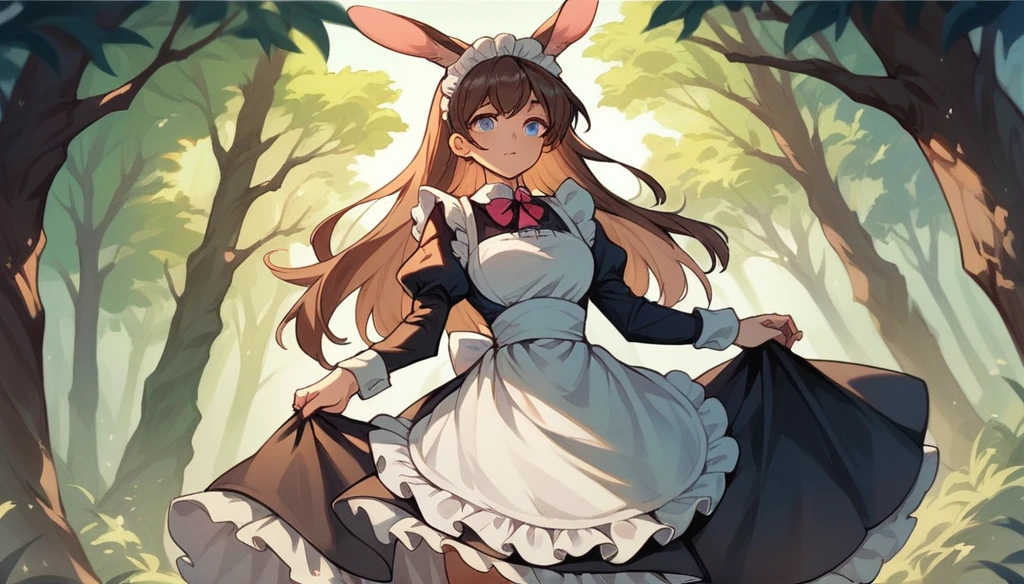 Rabbit in the body of a woman With brown hair, blue eyes, wearing a maid outfit, standing in the middle of a forest.