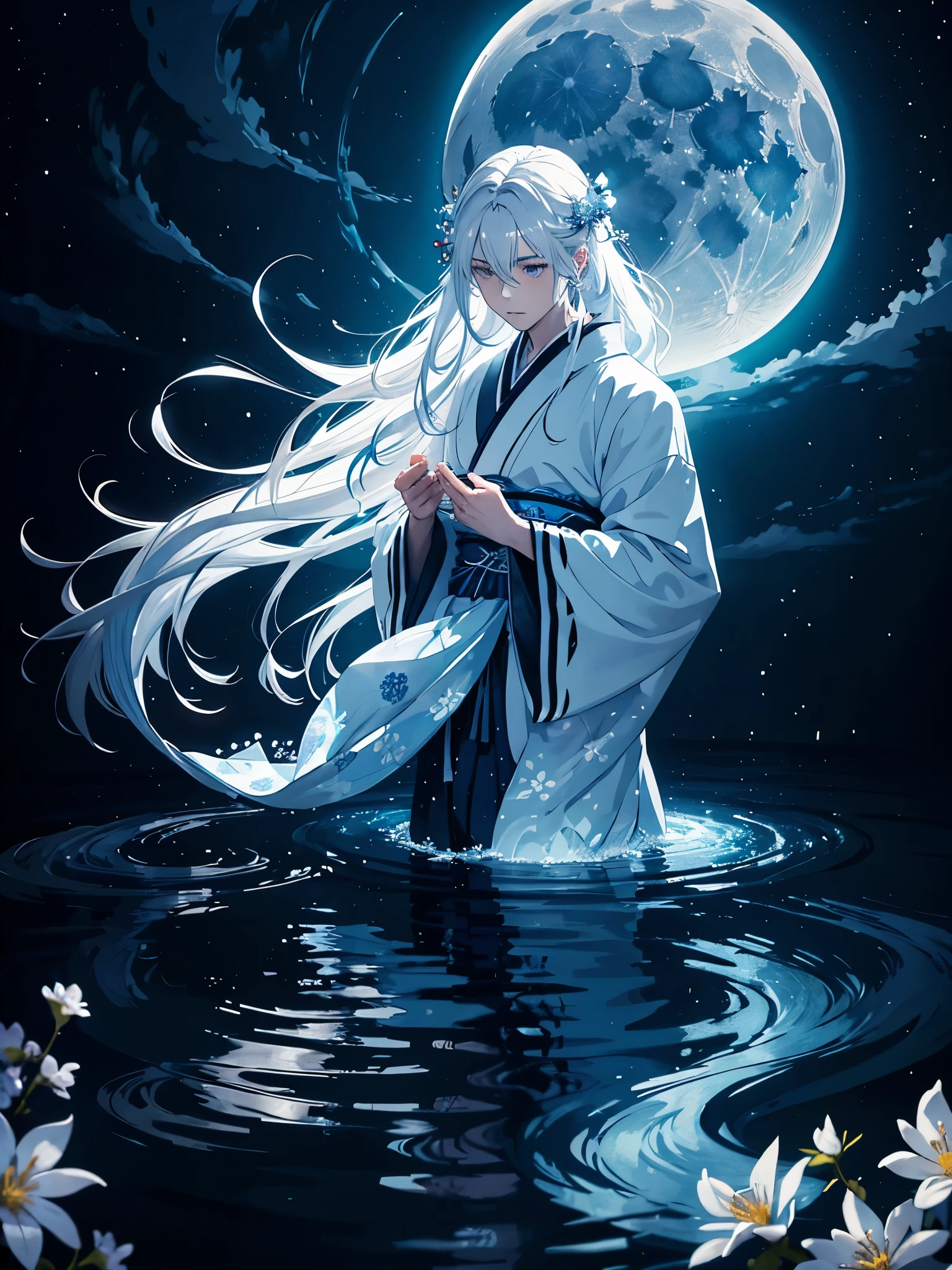 Mehr anime. Göttlich. Magisch. Blaues licht. Kimono. Geweih. Lichter. Magisch. King of the moon. Long hair. long white hair. aquatic, boy, silver hair accessories, White hair, blue flowers. Blue lights. Vollmond. Geweih. Kimono