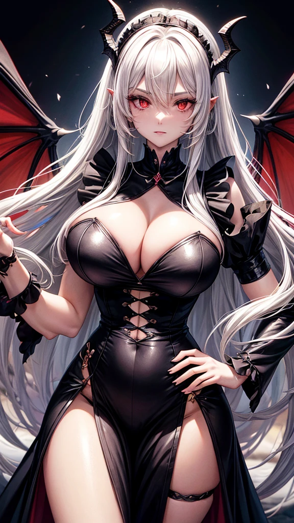 Queen Black Hybrid Dragon Woman, wears a maid outfit showing her panties, has long messy shaggy blonde hair, It has red eyes, has a big breast, has hybrid dragon horn, hybrid dragon wings and hybrid dragon tail.