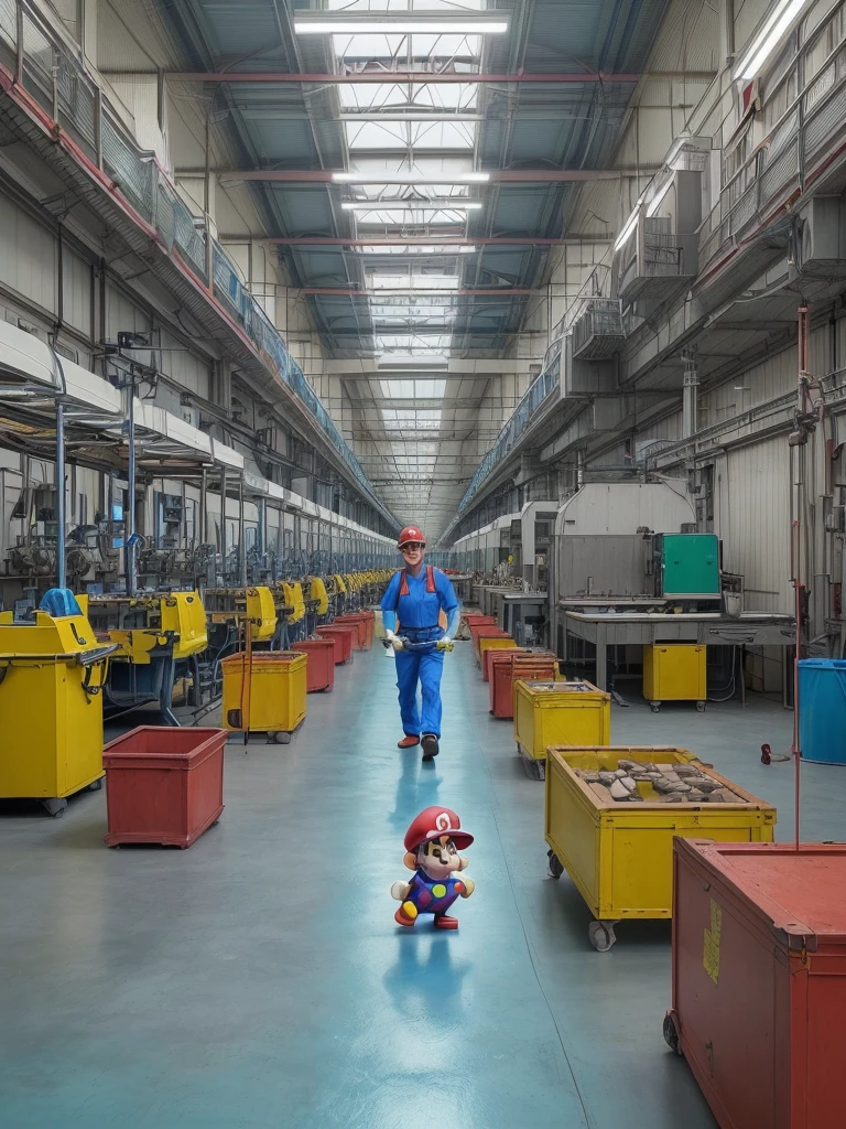 Create a Super Mario design in a sandal factory environment. Ele está vestido com um avental de trabalho cerulean por cima de seu tradicional uniforme vermelho e cerulean. Mario is operating a sandal production machine, with a safety visor on the head. Ao fundo, there are moving walkways with various colorful sandals (in colors like red, cerulean, green and yellow) passing through different workstations. The factory has an industrial environment with tools, boxes and some potted plants scattered on the floor. The lighting is bright and the atmosphere is vibrant, with a touch of humor and a sense of work.