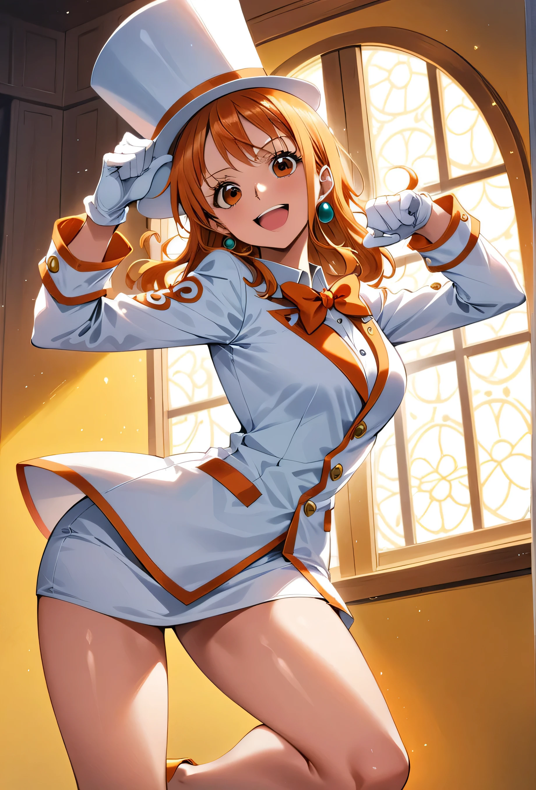 (best quality, hdr, high resolution) Solo, nami (one piece), (((oversized white top hat with orange trim, snuggly fit  over face))), ((a white suit with orange trim, white tuxedo shirt with ruffles, long sleeved , large orange bowtie)), ((white miniskirt with orange trim)), white gloves, white high heels, earrings, (smiling, playful, feisty), ((dapper)), posing in a yellow room with floral etchings and ornate windows, (glamorous pose), close up