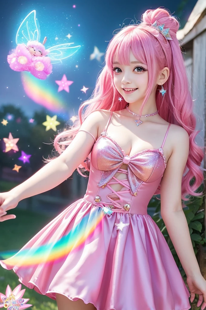 「Draw a playful and cute magical girl digital art。She has bright pink hair and big eyes.、She is wearing a costume studded with sparkling stars.。Little fairies and magical lights flutter around her.、There is a rainbow in the background。She has a magic wand、Smiling happily。」