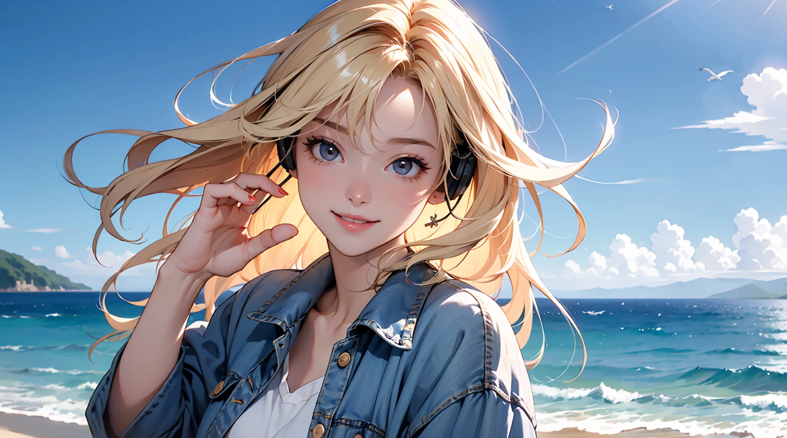 masterpiece、high resolution 8k、NSFW、sharp focus、contrast lighting、fine skin、muste piece、 highest quality、Ultra - High resolution、Super high resolution、Highly detailed CG、1girl,standing,a beach,sea,The sky is clear and blue,a few scattered clouds,sunny day,seagull, a red T-shirt top,blue denim jacket shorts,long blonde hair hair,smiling,headphone,