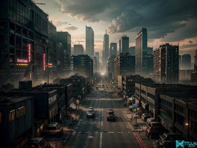 Create a hyperrealistic, 8K UHD urban dystopia. Picture a gritty, post-apocalyptic cityscape, where towering skyscrapers crumble, nature reclaims the streets, and neon lights flicker amidst the ruins. Let the image evoke a sense of desolation, mystery, and the relentless force of nature.