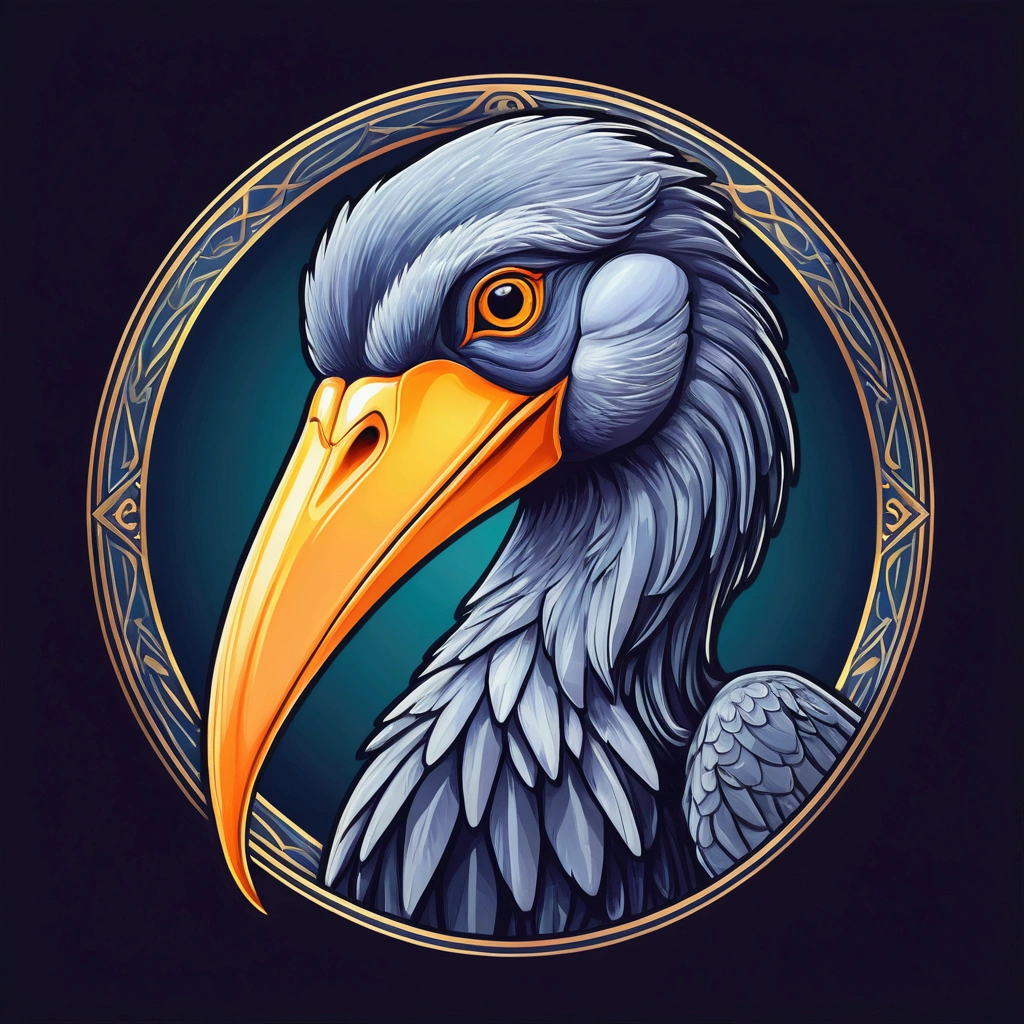 "Shoebill Stork (Balaeniceps rex)" logo; shading and gradients, Art Nouveau, vibrant colors and synthwave. Vector design, central composition, smooth background, -ar 1:1. Watercolor logo style with effect 3D puff printing. Dark and strong colors, monochromatic background, by yukisakura, with original and incredible colors."