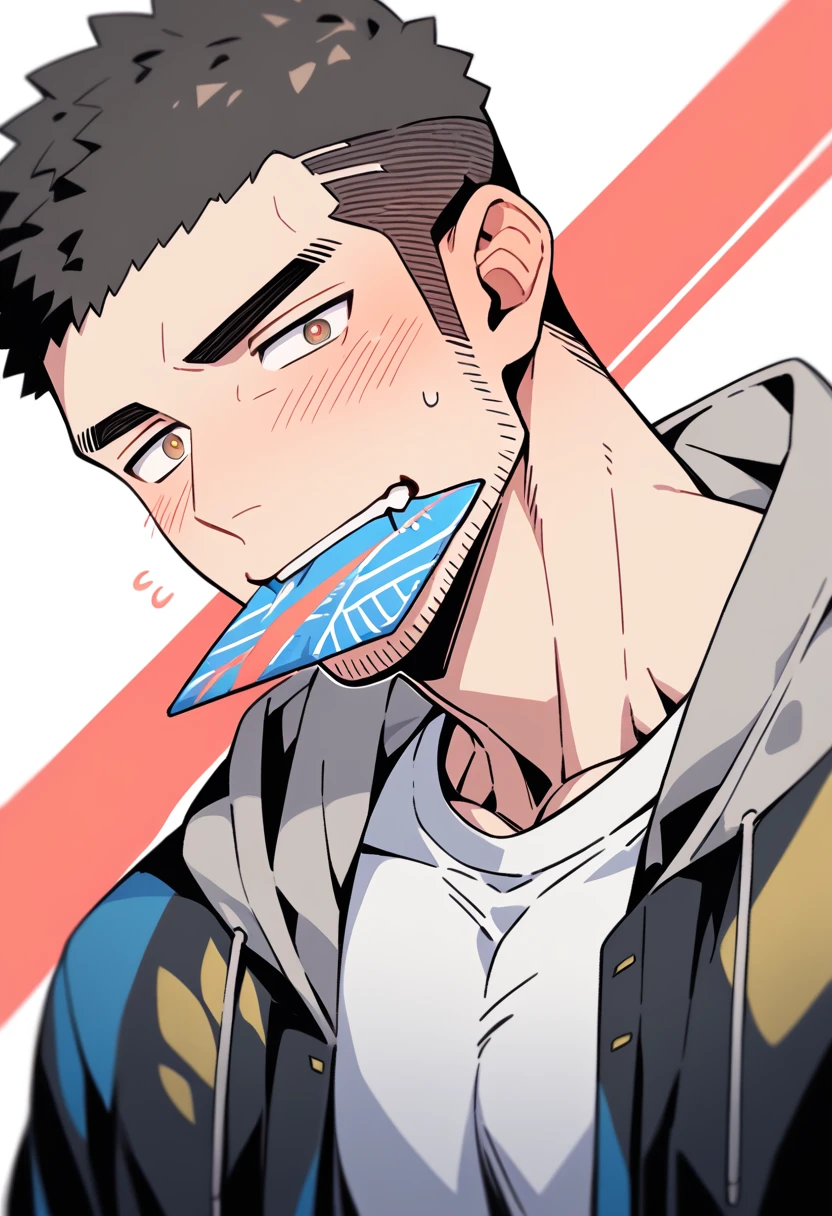 anime characters：Priapus, Muscle Sports Student, Buzz Cut, Manliness, male focus, Sports tight hooded sweatshirt, Very tight, full and perky chest muscles, muscular male, muscular, only, Upper body, alone, Black short hair, Thick eyebrows, stubble, Brown-red pupils, White background, simple background, amazing quality, best aesthetics, Ridiculous, crew cut, sad, crying, sobbing, blush, mouth hold, Bite the condom packaging bag, negative space, best quality