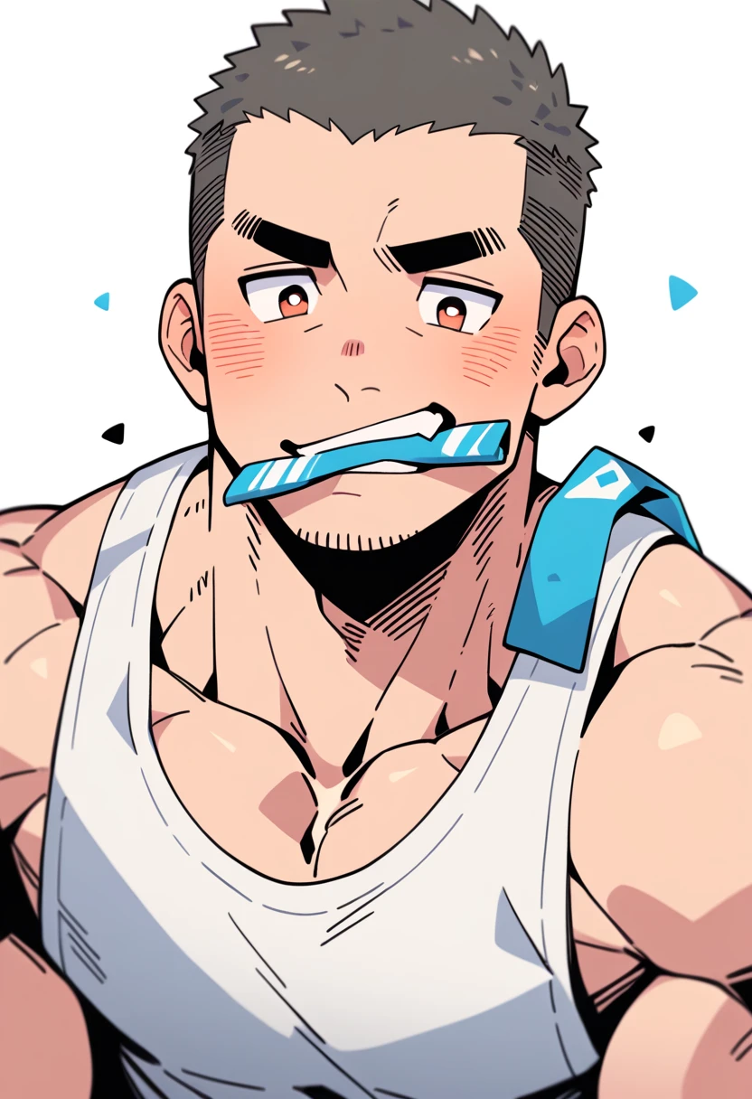 anime characters:Priapus, Muscle Sports Student, Buzz Cut, Manliness, male focus, Sports tight hooded sweatshirt, Very tight, full and perky chest muscles, muscular male, muscular, only, Upper body, alone, Black short hair, Thick eyebrows, stubble, Brown-red pupils, White background, simple background, amazing quality, best aesthetics, Ridiculous, crew cut, blush, mouth hold, Biting white boxer briefs, embarrassed, shy, endured face, negative space, best quality