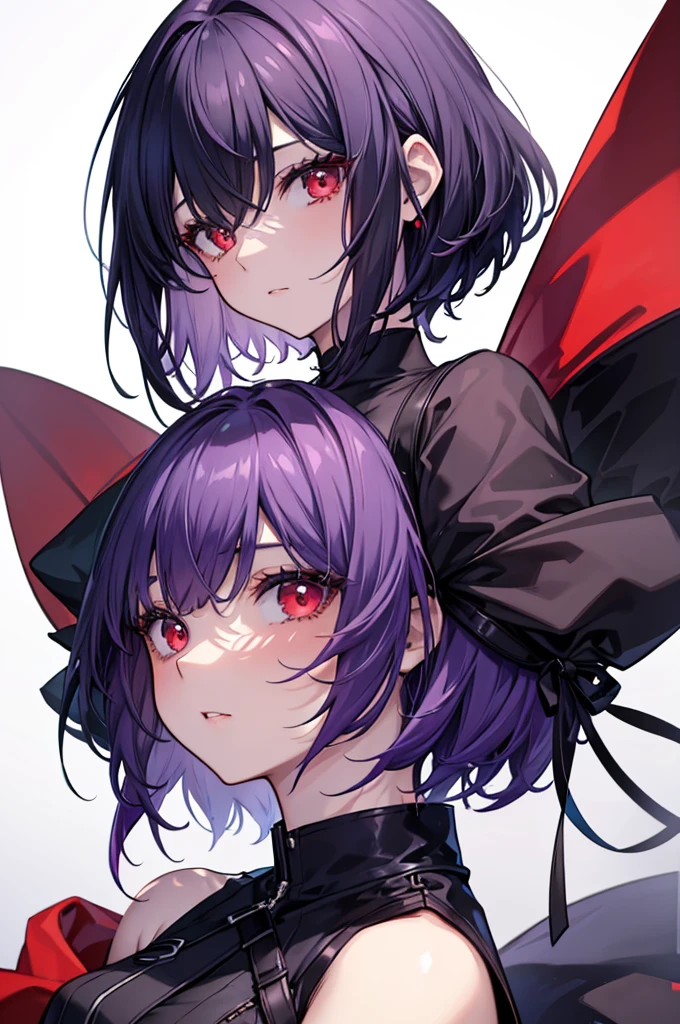 a beautiful girl with violet hair wearing a black dress, extremely detailed facial features, bob haircut, woman wearing a long black and red coat, solo character, white background, anime style, very detailed, best quality, masterpiece, red eyes, short hair