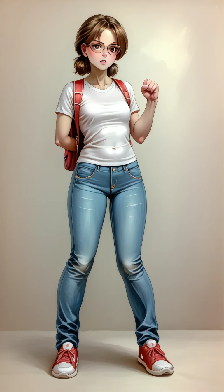 (zPDXL2), score_9_up, painterly, faux traditional media, realistic, BREAK
1girl, solo, close-up portrait, (Chestnut, shoulder-length hair), brown eyes, (slender body), Light skin, blush cheeks, (wearing Jeans and t-shirt, sneakers, thin-framed glasses, Small backpack), simple background, BREAK
AissistXLv2, unaestheticXL_bp5, SimplePositiveXLv2, zPDXL2 PonyXLV6_Scores