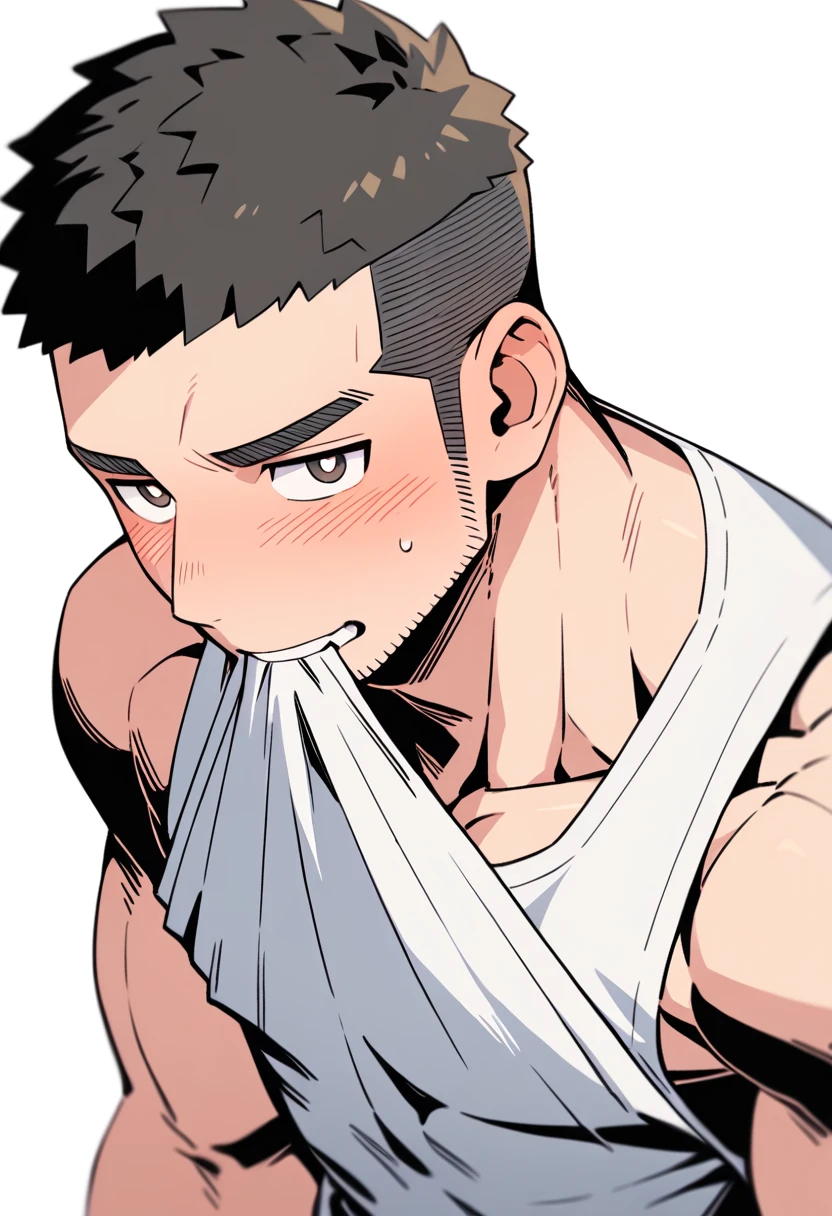 anime characters：Priapus, Muscle Sports Student, Buzz Cut, Manliness, male focus, Sports tight hooded sweatshirt, Very tight, full and perky chest muscles, muscular male, muscular, only, Upper body, alone, Black short hair, Thick eyebrows, stubble, Brown-red pupils, White background, simple background, amazing quality, best aesthetics, Ridiculous, crew cut, blush, mouth hold, Biting white boxer briefs, embarrassed, shy, endured face, negative space, best quality