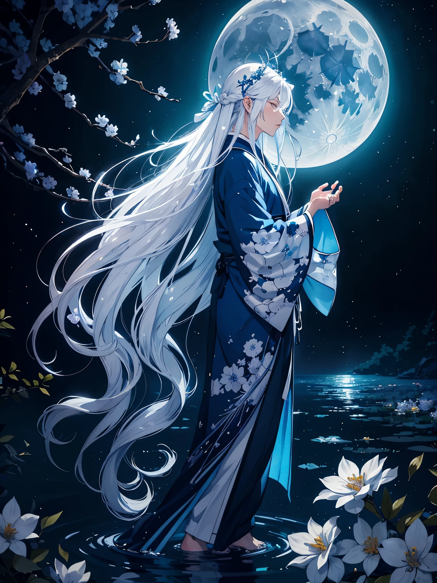 Mehr anime. Göttlich. Magisch. Blaues licht. Kimono. Geweih. Lichter. Magisch. King of the moon. Long hair. long white hair. aquatic, boy,  silver hair accessories, White hair, blue flowers. Blue lights. Vollmond. Geweih. Kimono 