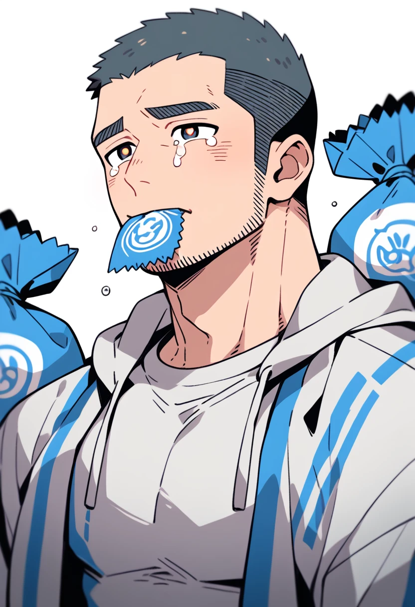 anime characters:Priapus, Muscle Sports Student, Buzz Cut, Manliness, male focus, Sports tight hooded sweatshirt, Very tight, full and perky chest muscles, muscular male, muscular, only, Upper body, alone, Black short hair, Thick eyebrows, stubble, Brown-red pupils, White background, simple background, amazing quality, best aesthetics, Ridiculous, crew cut, sad, crying, sobbing, blush, mouth hold, Bite the condom packaging bag, negative space, best quality