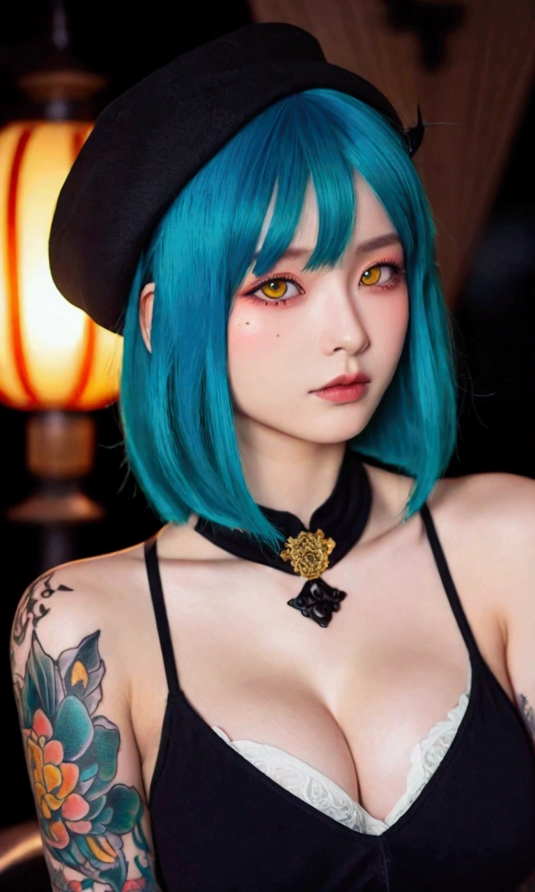 A girl with blue hair and tattoos on her chest, in the style of Kawacy's art style, anime-inspired illustrations, colorful cartoon illustration, yellow eyes, light orange and dark cyan, oshare kei, big breast,portrait of an attractive woman with long bob cut black bangs, gothic fashion theme, vibrant and vivid colors, tattooed neck skin, detailed facial features, in the style of Atey Ghailan, J.C depicts Gothic beauty in the background,