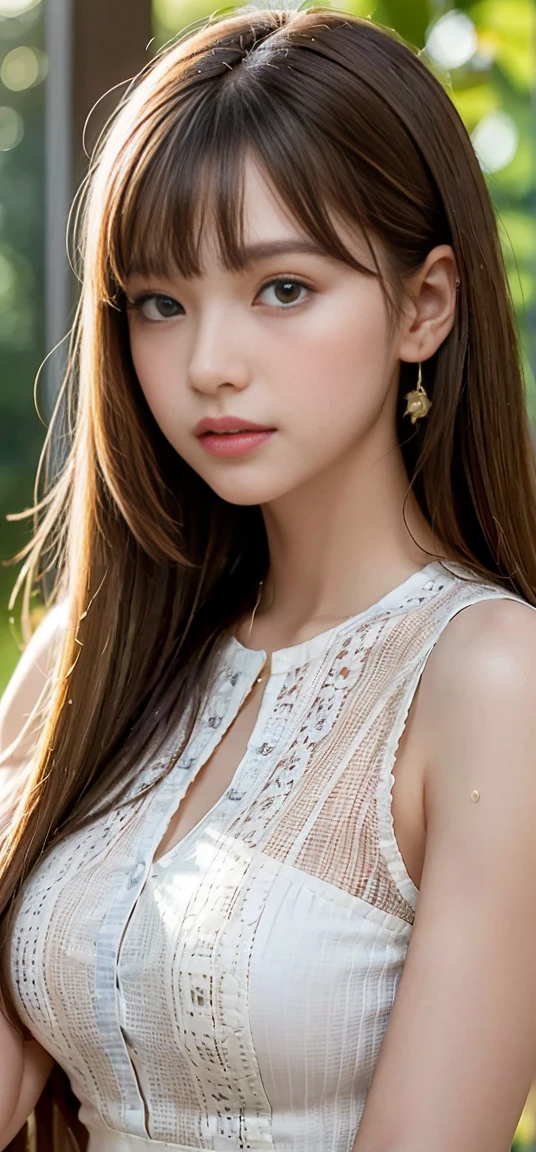 1 Female, Close-up of face, huge ,Light brown hair, Blunt bangs, Hair behind the ear, Hair that falls over the shoulders, Long Hair, Slim figure, Ultra Fine Face, Thin face, Delicate lips, Beautiful Eyes, Light blush, eyes are light brown, Perfect glowing skin, Perfect Skin, Shining Sweat,Have a look at this, Ultra-thin needle, Very thin fingers:Realistic:1.3), Broadleaf Forest, First Person View, Fujifilm, 8K, Tabletop, Hmph, Super detailed, high quality, 最high quality, High resolution, ((Don't show your fingers))、Golden Hour Beautiful light, (((Schoolgirl Uniform)))、(((White short sleeve low cut button front shirt、Dark blue ribbon)))、((Ultra micro mini dark blue pleated skirt)) ((huge tits)) (((positive image:1.3)))