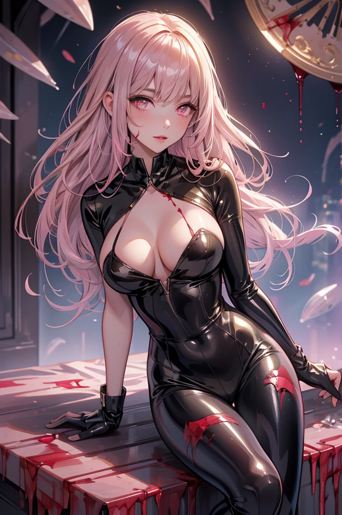 Young and beautiful woman,(Highest quality,Extremely detailed depiction,Incredible high resolution,Anatomically accurate depiction,Curvy Legs),(Glowing Skin,Shiny skin,Oilskin),(Bodysuit made from durable, shiny metallic latex fabric),eyelash,eye shadow,Glowing pink eyes,There is cleavage in the chest,Glossy Lips,Shadowed face,Captivating smile,whole body,blush,forward leaning posture,background:Bedroom at night,Pink light,From above:1.1,Holding a knife, (Blood splatter:1.7)