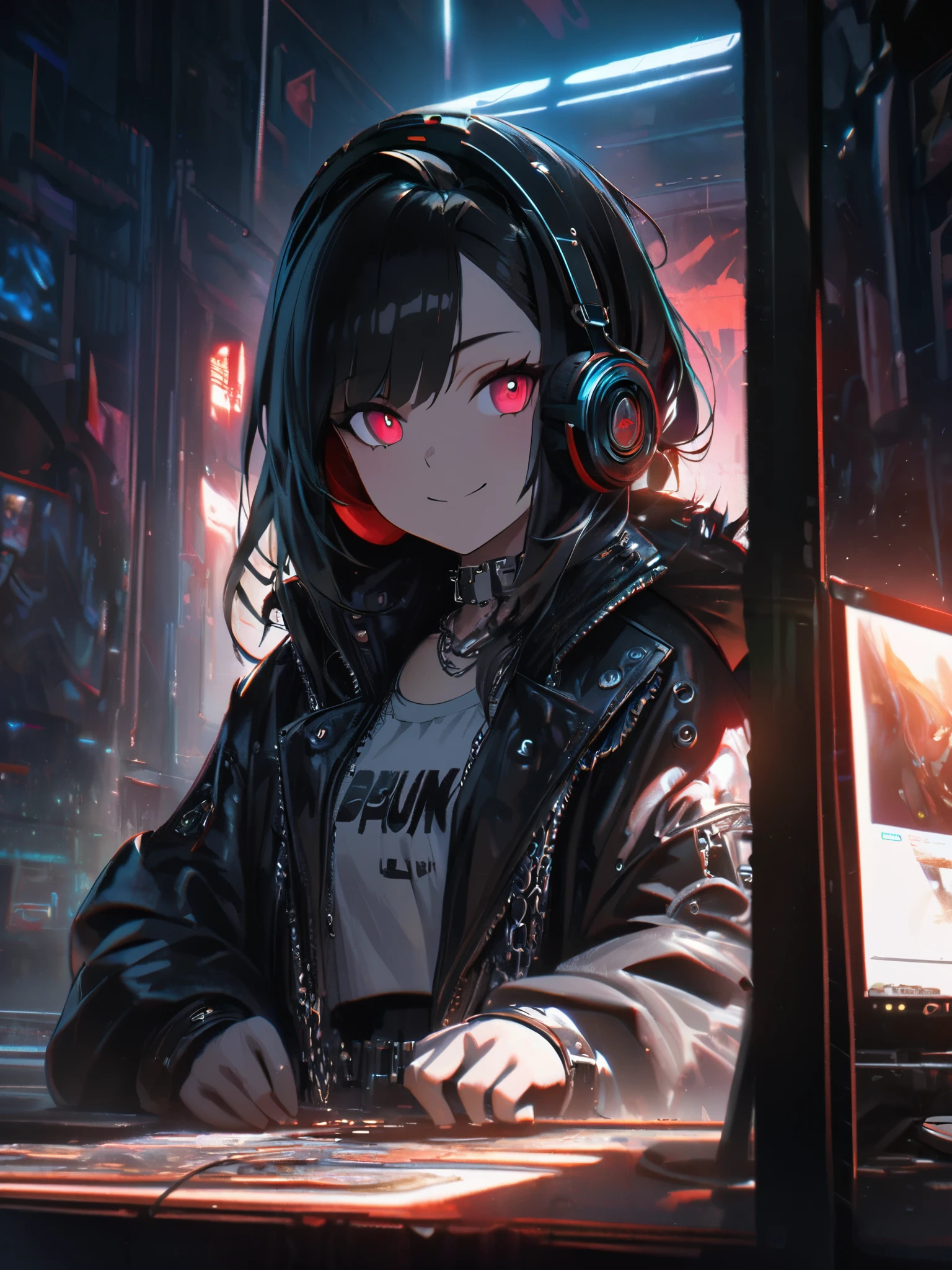 1 Girl, chromatic aberration, Written boundary depth, Soft Light, masterpiece, Highest quality, complicated, Tone Mapping, Very detailed, Art Station, Concept Art, Smooth, Clear focus, Dramatic lighting, Very detailed artwork, movie, super practical painting, Art Station's trending, 8K, Incredible Shadows, practical, (Very detailed background:1.0), whole body, View, Viewers, Very detailed portrait of one girl 1, standing on street corner, Heavy rain and lightning、Dark Sky, neon and cyber punk background, she is dressed in punk clothing with silver chains and silver spikes, Her hair was dyed a bright black color.,The middle part is black, She wears headphones, Detailed red eyes with clear pupils, Ominous aura of light, smile, punk, ciber punk, Backlight.Hair tied back、No knowledge of horses'tail、