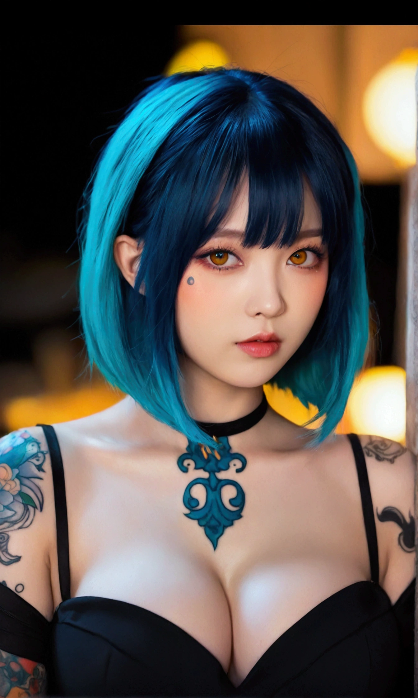 A girl with blue hair and tattoos on her chest， in the style of Kawacy's art style， anime-inspired illustrations， colorful cartoon illustration， yellow eyes， light orange and dark cyan， oshare kei， big breast，portrait of an attractive woman with long bob cut black bangs， gothic fashion theme， vibrant and vivid colors， tattooed neck skin， detailed facial features， in the style of Atey Ghailan， J.C depicts Gothic beauty in the background,