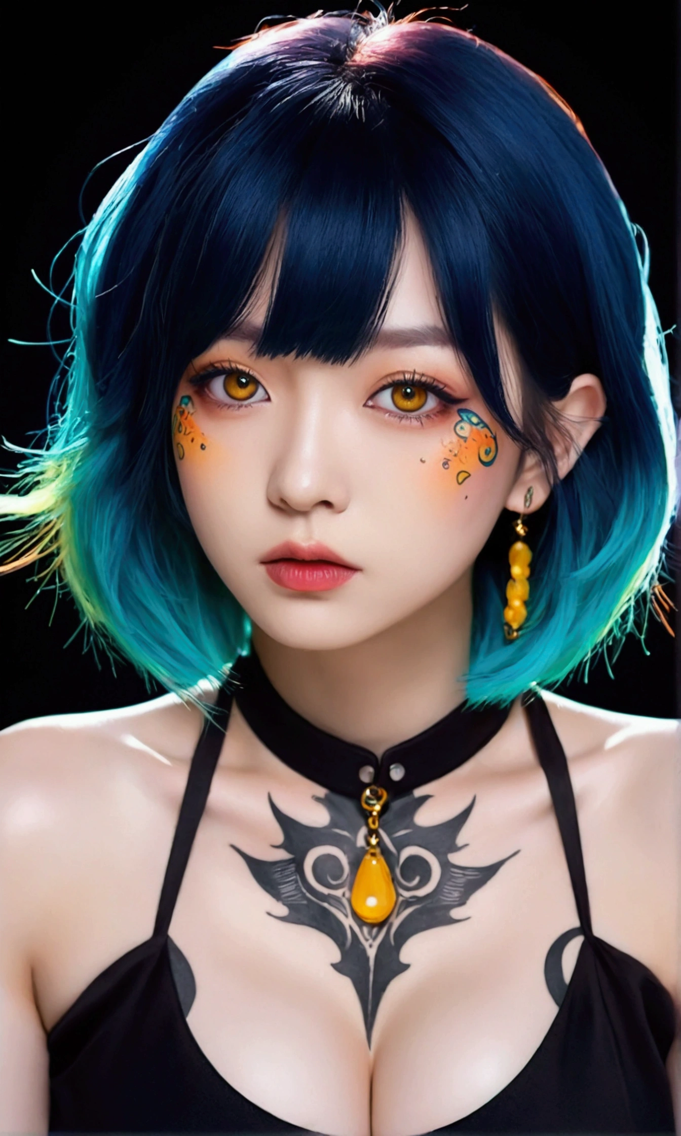 A girl with blue hair and tattoos on her chest, in the style of Kawacy's art style, anime-inspired illustrations, colorful cartoon illustration, yellow eyes, light orange and dark cyan, oshare kei, big breast,portrait of an attractive woman with long bob cut black bangs, gothic fashion theme, vibrant and vivid colors, tattooed neck skin, detailed facial features, in the style of Atey Ghailan, J.C depicts Gothic beauty in the background,