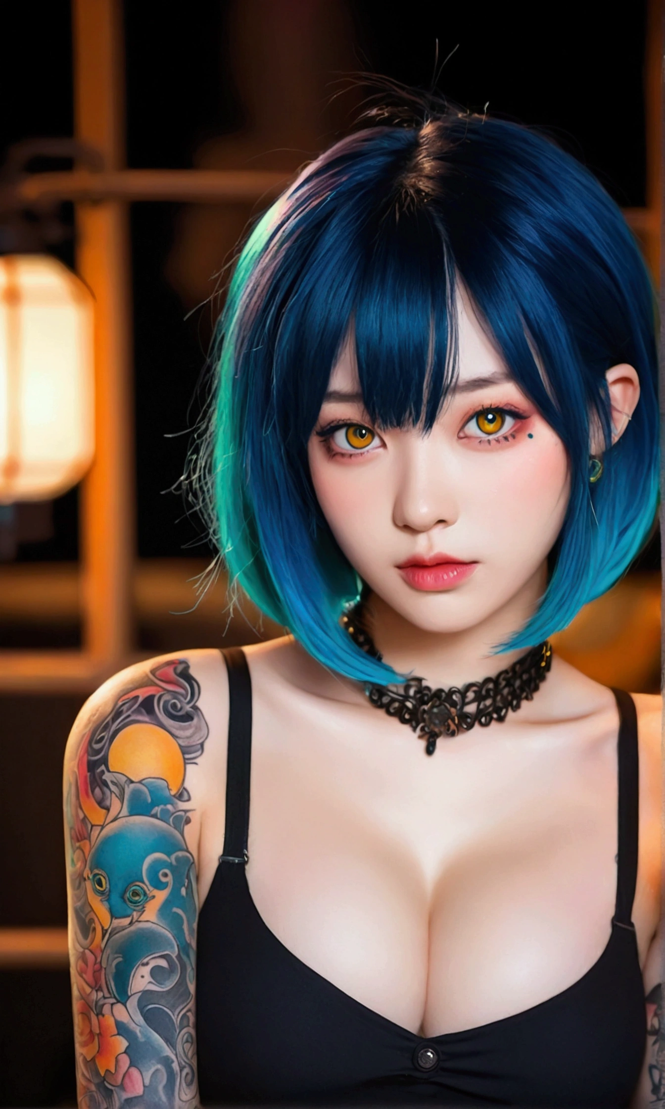A girl with blue hair and tattoos on her chest, in the style of Kawacy's art style, anime-inspired illustrations, colorful cartoon illustration, yellow eyes, light orange and dark cyan, oshare kei, big breast,portrait of an attractive woman with long bob cut black bangs, gothic fashion theme, vibrant and vivid colors, tattooed neck skin, detailed facial features, in the style of Atey Ghailan, J.C depicts Gothic beauty in the background,
