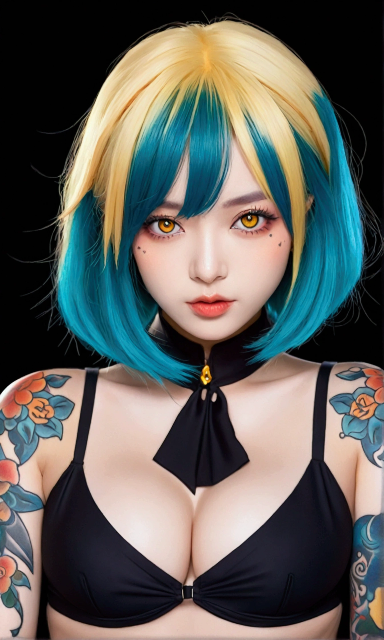 A girl with blue hair and tattoos on her chest, in the style of Kawacy's art style, anime-inspired illustrations, colorful cartoon illustration, yellow eyes, light orange and dark cyan, oshare kei, big breast,portrait of an attractive woman with long bob cut black bangs, gothic fashion theme, vibrant and vivid colors, tattooed neck skin, detailed facial features, in the style of Atey Ghailan, J.C depicts Gothic beauty in the background,